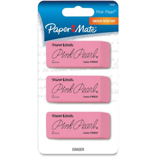 Pink Pearl Eraser, For Pencil Marks, Rectangular Block, Large, Pink, 3/Pack1