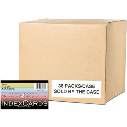 Roaring Spring Ruled Index Cards (100 Count), 1 Case (36 Packs), 3" x 5" , Assorted Colors1