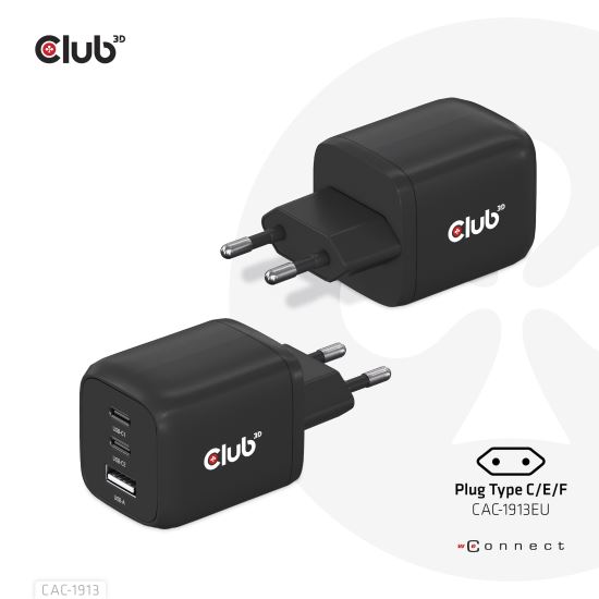 CLUB3D Travel Charger PPS 65Watt GAN technology, Triple port (2x USB Type-C + USB Type-A) Power Delivery(PD) 3.0 Support1