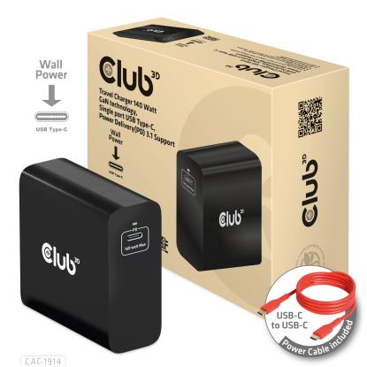 CLUB3D Travel Charger 140 Watt GaN technology, Single port USB Type-C, Power Delivery(PD) 3.1 Support1