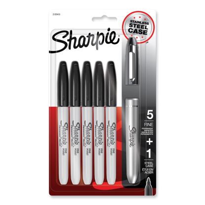 Fine Tip Permanent Marker, Stainless Steel Single Marker Case, Fine Bullet Tip, Black, 5/Pack1