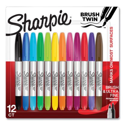 Brush Tip Permanent Marker, Twin Tip, Brush/Ultra-Fine Tip, Assorted Colors, 12/Pack1