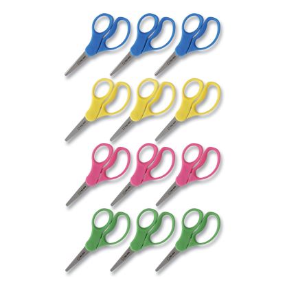 Kids' Pointed Tip Stainless Steel Scissors, 5" Long, 2.05" Cut Length, Assorted Straight Handles, 12/Pack1