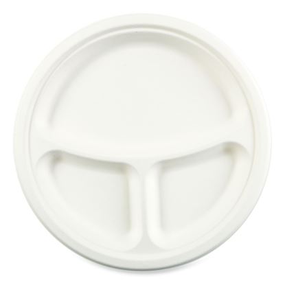 Bagasse PFAS-Free Dinnerware, Plate, 10" dia, 3-Compartment, White, 500/Carton1