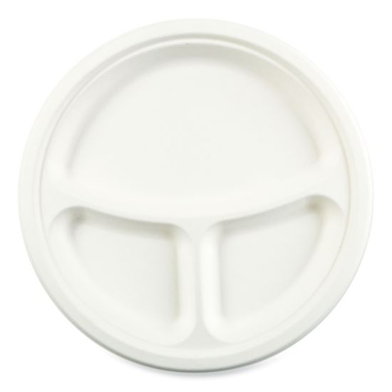Bagasse PFAS-Free Dinnerware, Plate, 10" dia, 3-Compartment, White, 500/Carton1