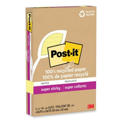 100% Recycled Paper Super Sticky Notes, Ruled, 4" x 6", Canary Yellow, 45 Sheets/Pad, 4 Pads/Pack1