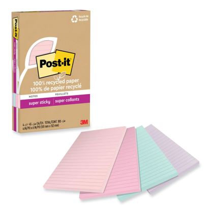 100% Recycled Paper Super Sticky Notes, Ruled, 4" x 6", Wanderlust Pastels, 45 Sheets/Pad, 4 Pads/Pack1