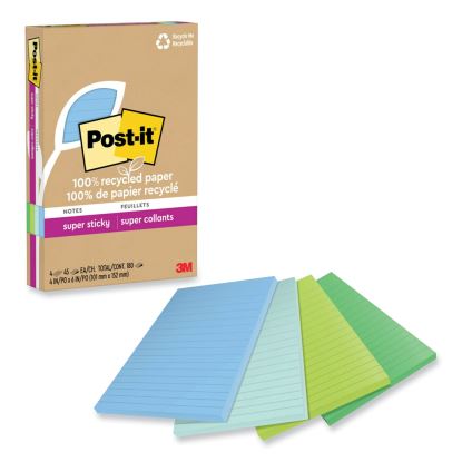 100% Recycled Paper Super Sticky Notes, Ruled, 4" x 6", Oasis, 45 Sheets/Pad, 4 Pads/Pack1