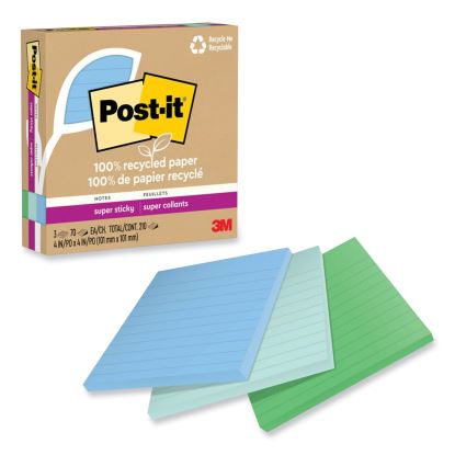 100% Recycled Paper Super Sticky Notes, Ruled, 4" x 4", Oasis, 70 Sheets/Pad, 3 Pads/Pack1