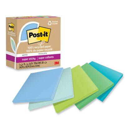 100% Recycled Paper Super Sticky Notes, 3" x 3", Oasis, 70 Sheets/Pad, 5 Pads/Pack1