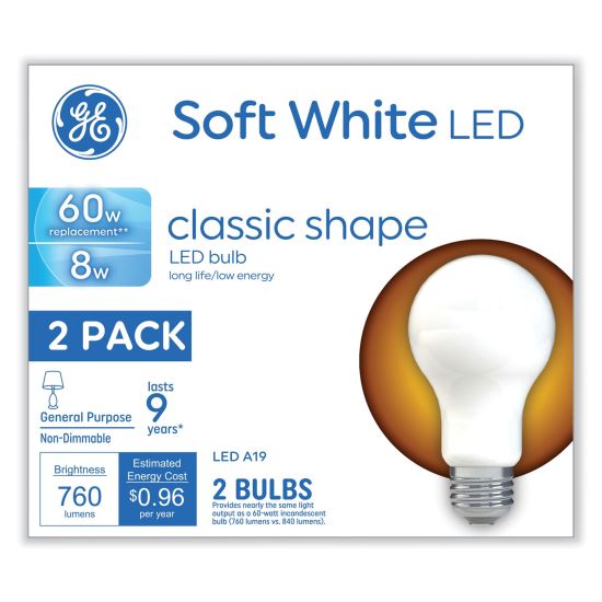 Classic LED Non-Dim A19 Light Bulb, 8 W, Soft White, 2/Pack1