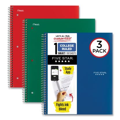 Wirebound Notebook with Two Pockets, 1-Subject, Medium/College Rule, Assorted Cover Color, (100) 11 x 8.5 Sheets, 3/Pack1