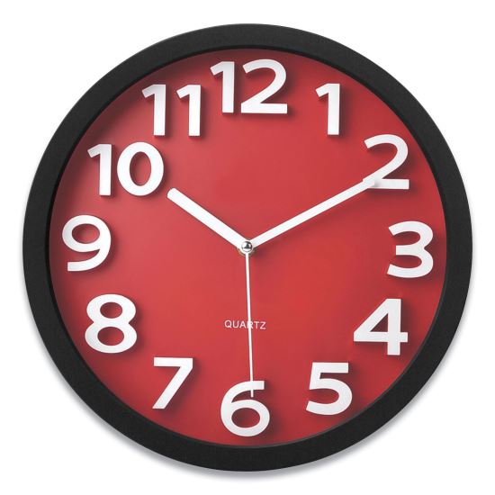 Wall Clock with Raised Numerals and Silent Sweep Dial, 13" Overall Diameter, Black Case, Red Face, 1 AA (sold separately)1