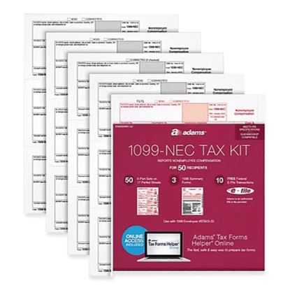 1099-NEC + 1096 Tax Form Kit with e-File Code, Inkjet/Laser, Five-Part Carbonless, 8.5 x 3.67, 3 Forms/Sheet, 50 Forms Total1