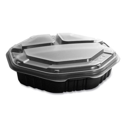 OctaView Hinged-Lid Hot Food Containers, 3-Compartment, 38 oz, 9.55 x 9.1 x 2.4, Black/Clear, Plastic, 100/Carton1