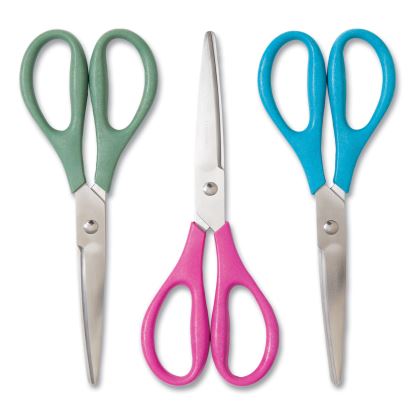 U ECO Scissors. Concave Tip, 9.45" Long, 3" Cut Length, Assorted Straight Handle, 3/Pack1