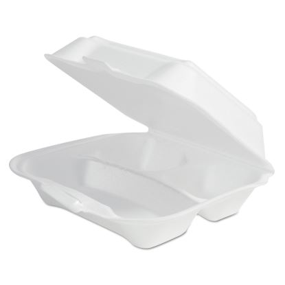 Foam Hinged Lid Container Secure One Tab Latch, 3-Compartment, 7.81 x 8.75 x 3.38, White, 100/Sleeve, 2 Sleeves/Bag, 1 Bag/PK1