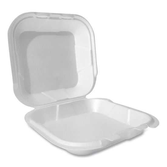 Foam Hinged Lid Container, Secure Two Tab Latch, Poly Bag, 8 x 8.56 x 2.76, White, 100/Sleeve, 2 Sleeves/Bag, 1 Bag/Pack1