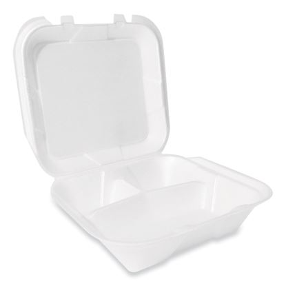 Foam Hinged Lid Container, Secure Two Tab Latch, Poly Bag, 3-Compartment, 9 x 9 x 3, White, 100/Bag, 2 Bags/Carton1