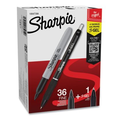 Fine Tip Permanent Marker Value Pack with (1) Bonus S-Gel 0.7 mm Black Ink Pen, Fine Bullet Tip Markers, Black Ink, 36/Pack1