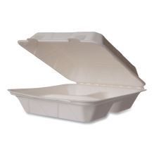 White Molded Fiber Clamshell Containers, 3-Compartment, 9 x 18 x 2, White, Sugarcane, 200/Carton1