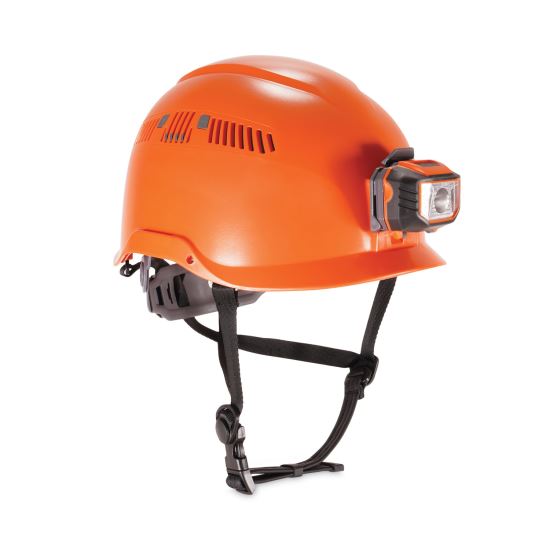 Skullerz 8975LED Class C Safety Helmet w/8981 Universal LED Headlamp, 6-Pt Ratchet Susp, Orange, Ships in 1-3 Business Days1