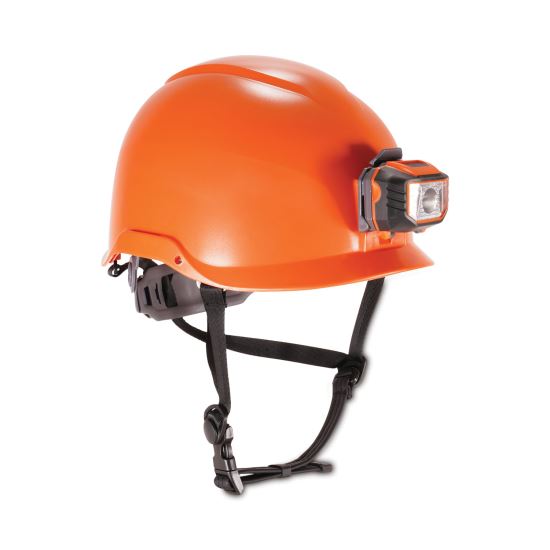 Skullerz 8974LED Class E Safety Helmet w/8981 Universal LED Headlamp, 6-Pt Ratchet Susp, Orange, Ships in 1-3 Business Days1