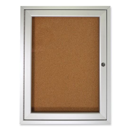 1 Door Enclosed Natural Cork Bulletin Board with Satin Aluminum Frame, 36 x 36, Tan Surface, Ships in 7-10 Business Days1