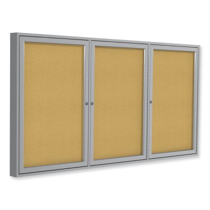 3 Door Enclosed Natural Cork Bulletin Board with Satin Aluminum Frame, 96 x 48, Tan Surface, Ships in 7-10 Business Days1