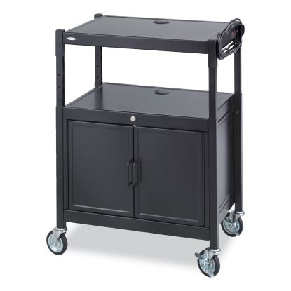 Steel Adjustable AV Cart w/Cabinet, Metal, 3 Shelf, 6 AC Outlets, 40 lb Cap, 26.75x20.5x42, Black, Ships in 1-3 Business Days1