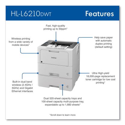HL-L6210DWT Business Monochrome Laser Printer with Dual Paper Trays1