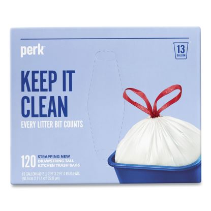 Drawstring Tall Kitchen Trash Bags, 13 gal, 0.9 mil, 28" x 24", White, 120/Box1