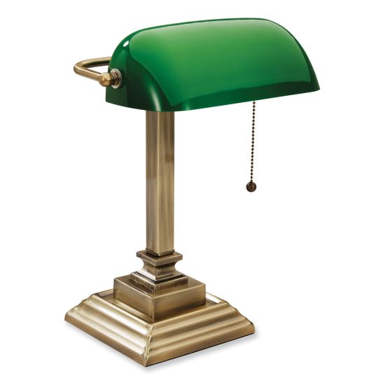 LED Banker's Lamp with Green Shade, USB Charging Port, Candlestick Neck, 15" High, Antique Brass, Ships in 4-6 Business Days1