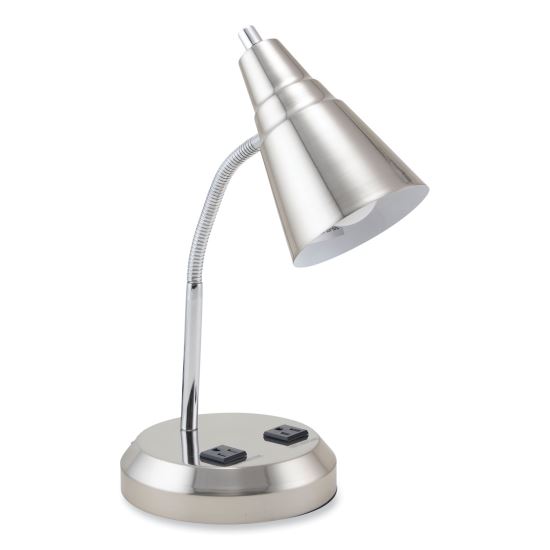 LED Gooseneck Desk Lamp with Charging Outlets, Gooseneck,15" High, Brushed Steel, Ships in 4-6 Business Days1