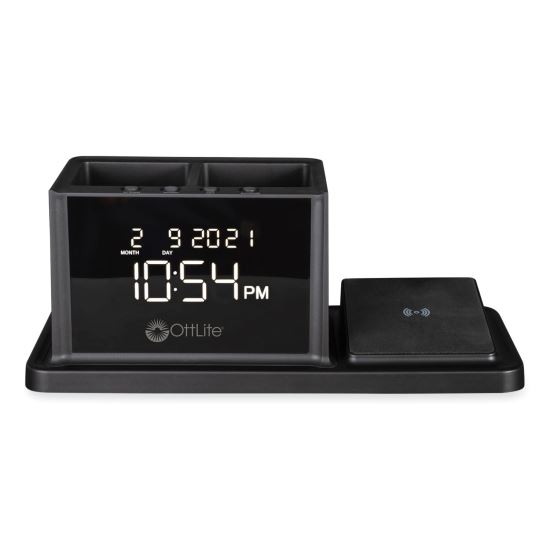 Desktop Organizer w/LED Alarm Clock/Device Charger, 2 Compartments, 10.68 x 4.88 x 4.32, Black, Plastic,Ships in 1-3 Bus Days1