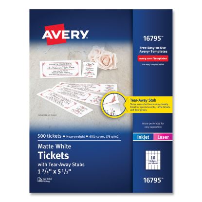 Printable Tickets with Tear-Away Stubs, 97 Bright, 65 lb Cover Weight, 8.5 x 11, White, 10 Tickets/Sheet, 50 Sheets/Pack1