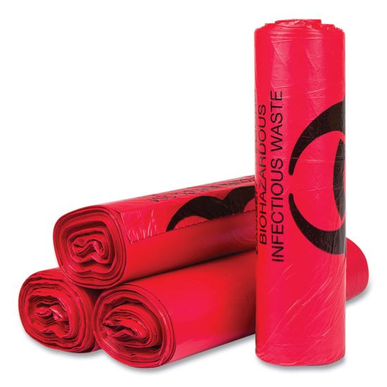 Biohazard High-Density Commercial Can Liners, 33 gal, 13 mic, 33" x 40", Red, 25 Bags/Roll, 20 Interleaved Rolls/Carton1