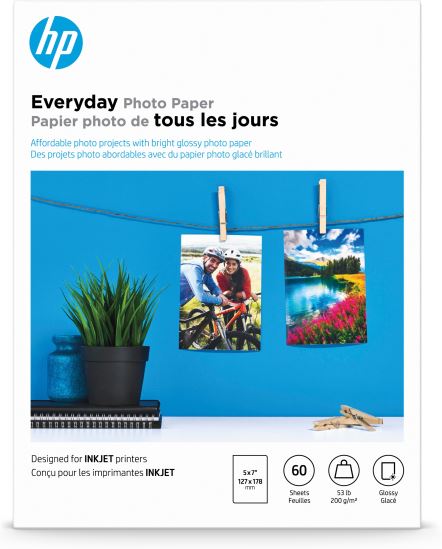 HP Everyday Photo Paper, Glossy, 52 lb, 5 x 7 in. (127 x 178 mm), 60 sheets1