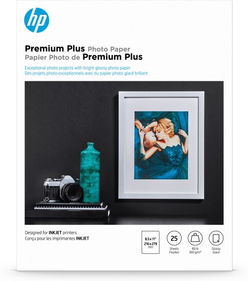 HP Premium Plus Photo Paper, Glossy, 80 lb, 8.5 x 11 in. (216 x 279 mm), 25 sheets1