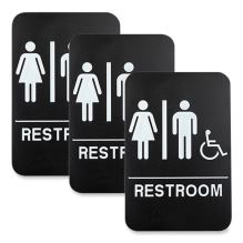 Indoor/Outdoor Restroom Sign with Braille Text and Wheelchair, 6" x 9", Black Face, White Graphics, 3/Pack1