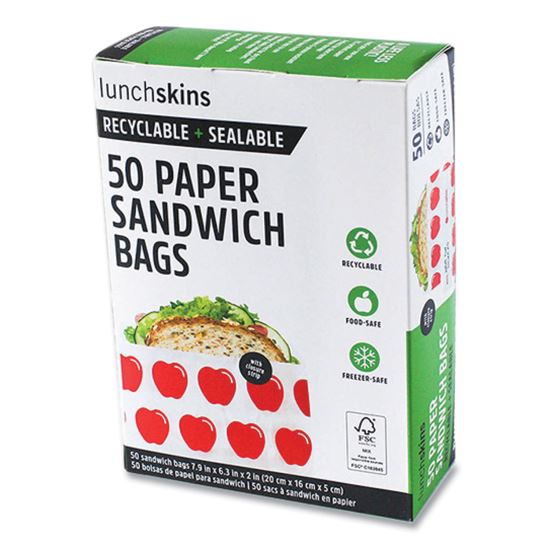 Peel and Seal Sandwich Bag with Closure Strip, 6.3 x 2 x 7.9, White with Red Apple, 50/Box1