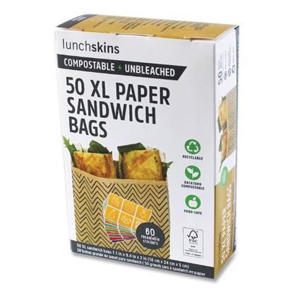 XL Sandwich Bag with Resealable Stickers, 7.1 x 2 x 9.1, Kraft with Black Chevron Pattern, 50/Box1