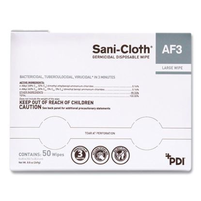 Sani-Cloth AF3 Germicidal Disposable Wipes, Large, 1-Ply, 8" x 5", Unscented, White, 50/Pack, 10 Packs/Carton1