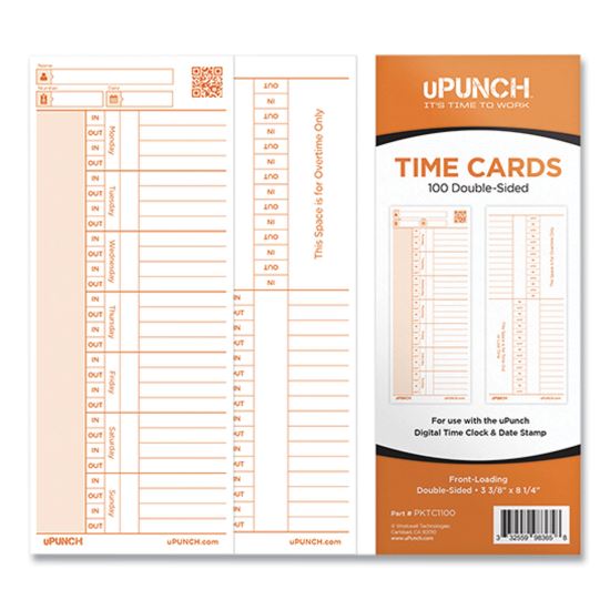 Time Card for PK1100 Time Clock, Two Sides, 3.38 x 8.25, 100/Pack1