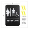 Indoor/Outdoor Restroom Sign with Braille Text and Wheelchair, 6" x 9", Black Face, White Graphics, 3/Pack3