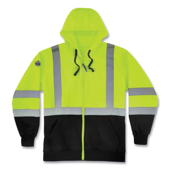 GloWear 8372 ZipUp HiVis Class 3 Zip Hood Sweatshirt w/ Black Bottom, Polar Fleece, Lime, Medium, Ships in 1-3 Business Days1