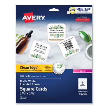Square Clean Edge Cards with Sure Feed Technology, Laser, 2.5 x 2.5, White, 180 Cards, 9 Cards/Sheet, 20 Sheets/Pack1