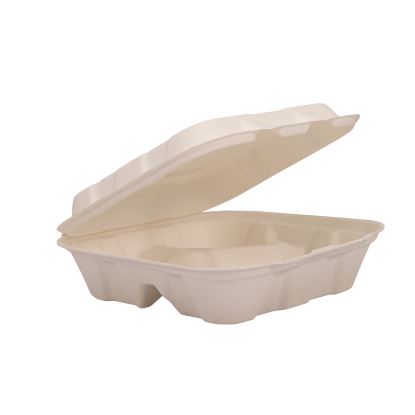 Compostable Fiber Hinged Trays, ProPlanet Seal, 3-Compartment, 8.03 x 8.4 x 1.93, Ivory, Molded Fiber, 200/Carton1