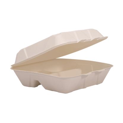 Compostable Fiber Hinged Trays, ProPlanet Seal, 3-Compartment, 9.25 x 9.45 x 2.17, Ivory, Molded Fiber, 200/Carton1