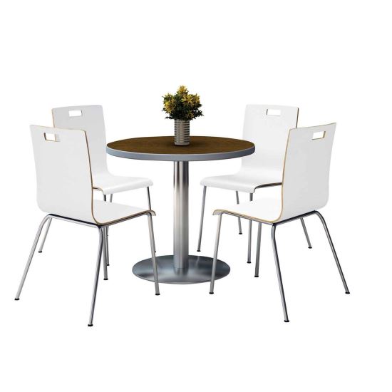 Pedestal Table with Four White Jive Series Chairs, Round, 36" Dia x 29h, Walnut, Ships in 4-6 Business Days1